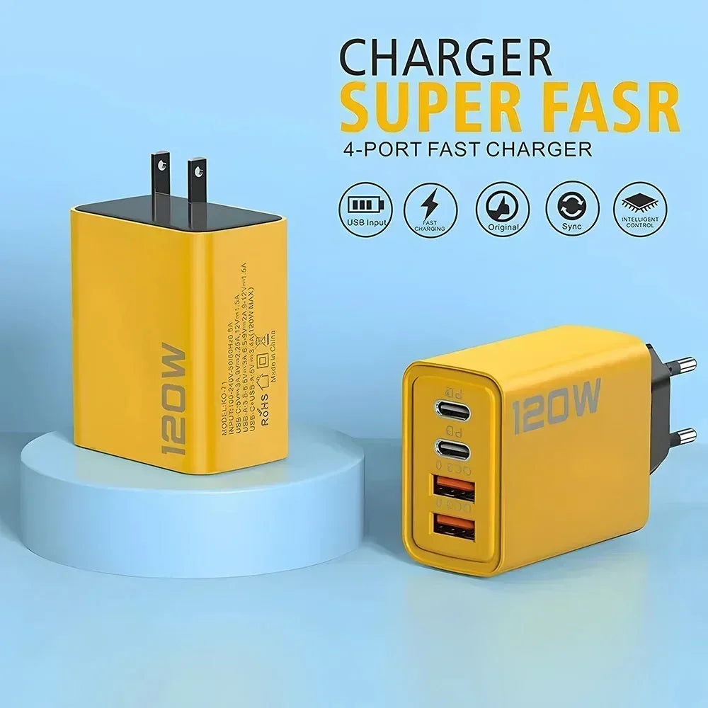 Quick Charge 3.0 Fast Charger Muti Total 120W 4 Port USB Type C PD Mobile Phone Wall Adapter for iPhone 16 Samsung S24 Xiaomi 15
